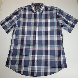 The Foundry Mens XL T Blue Plaid Button Up Easy Care Short Sleeve Casual Comfy